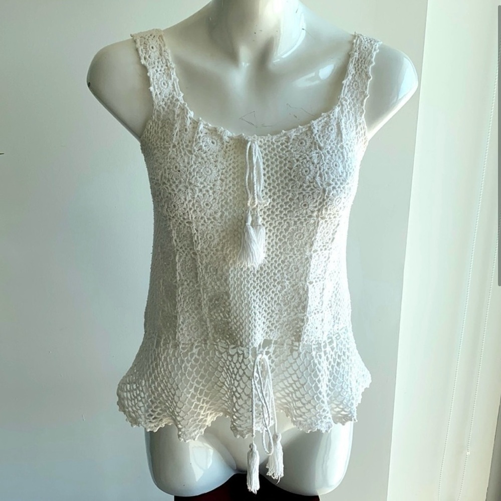 Hand made boho white crochet cotton crop top, square neck, size S